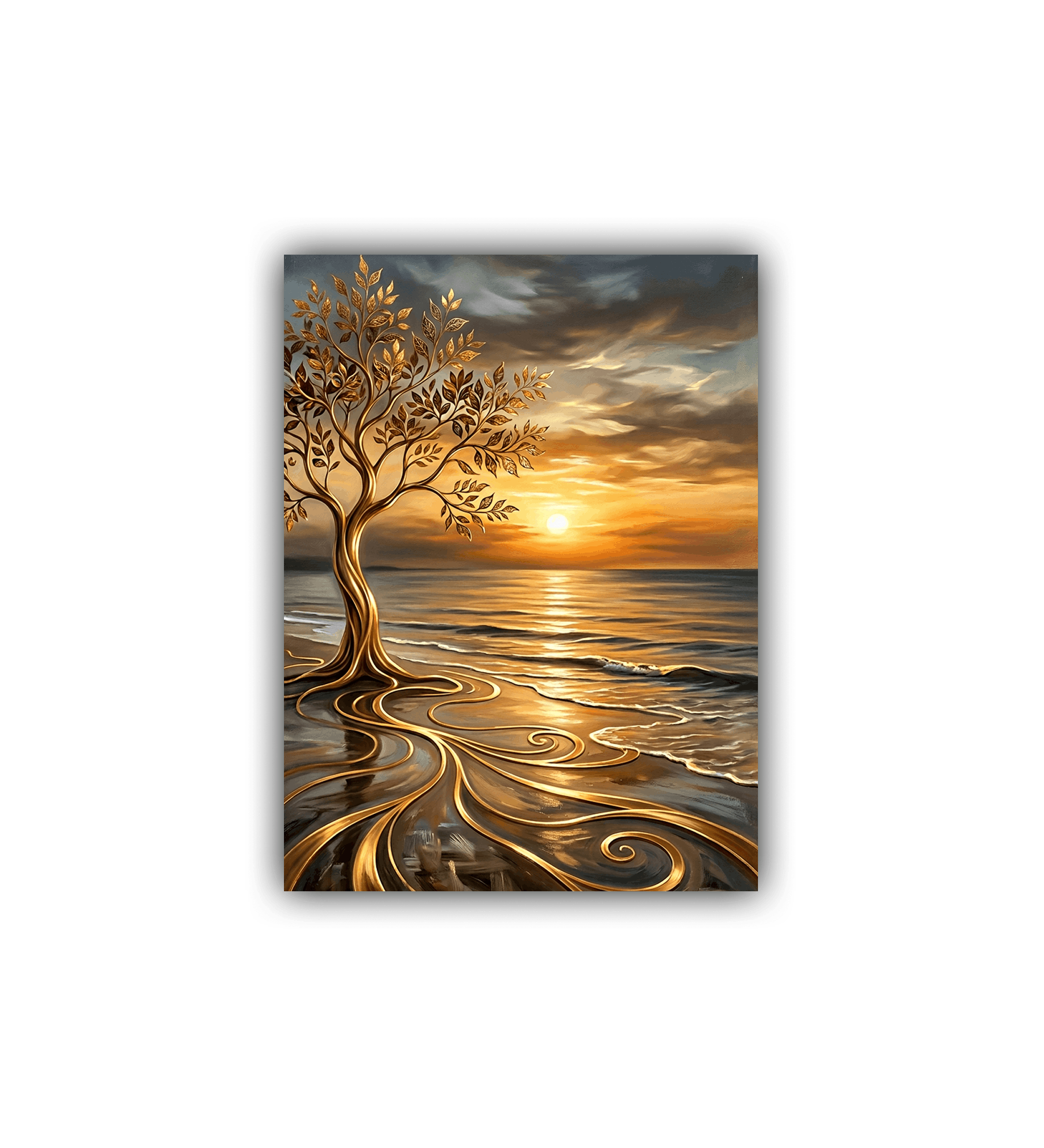 Artistic depiction of a tree with a sunset over water