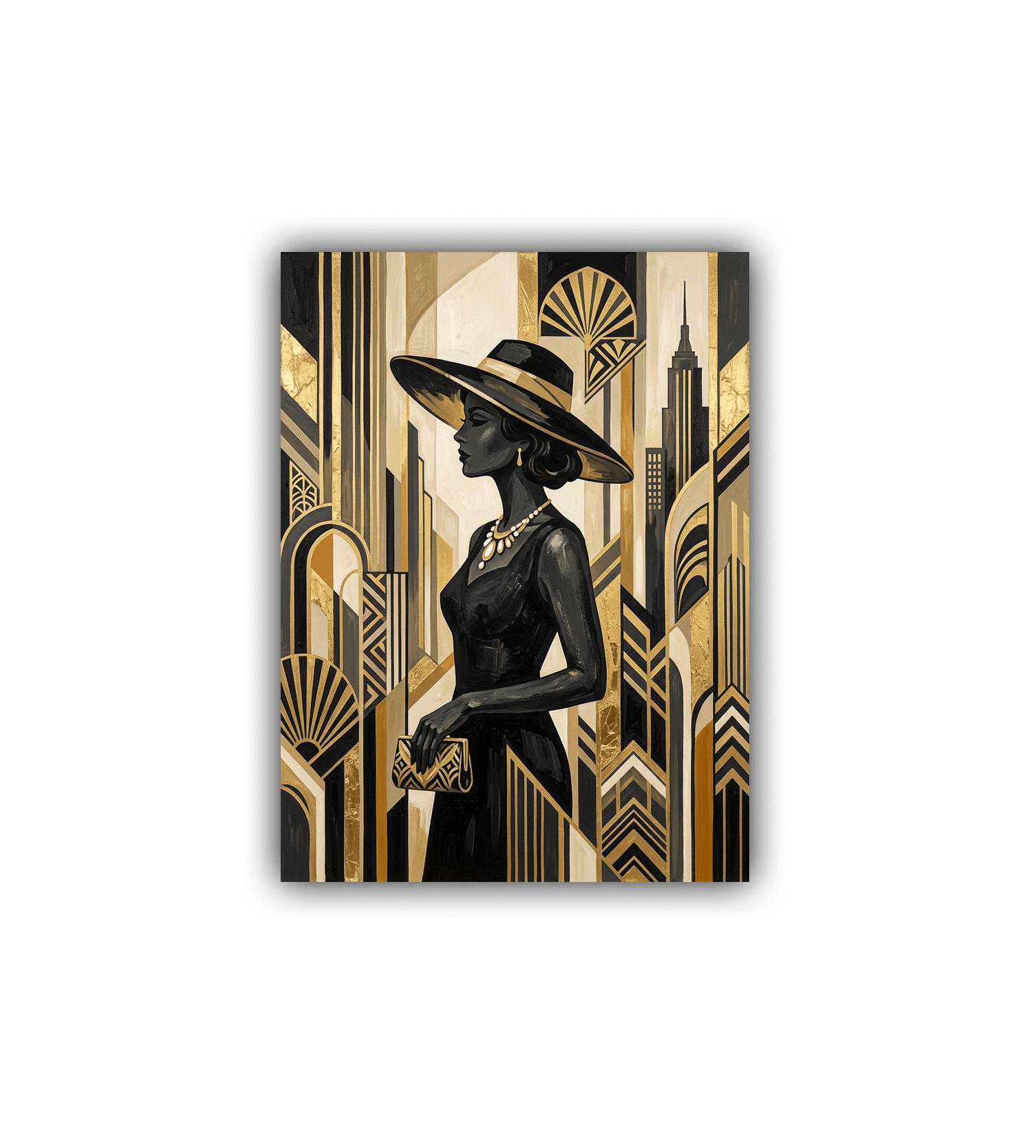 Art Deco-style painting of a woman in a black dress and hat against a cityscape background.