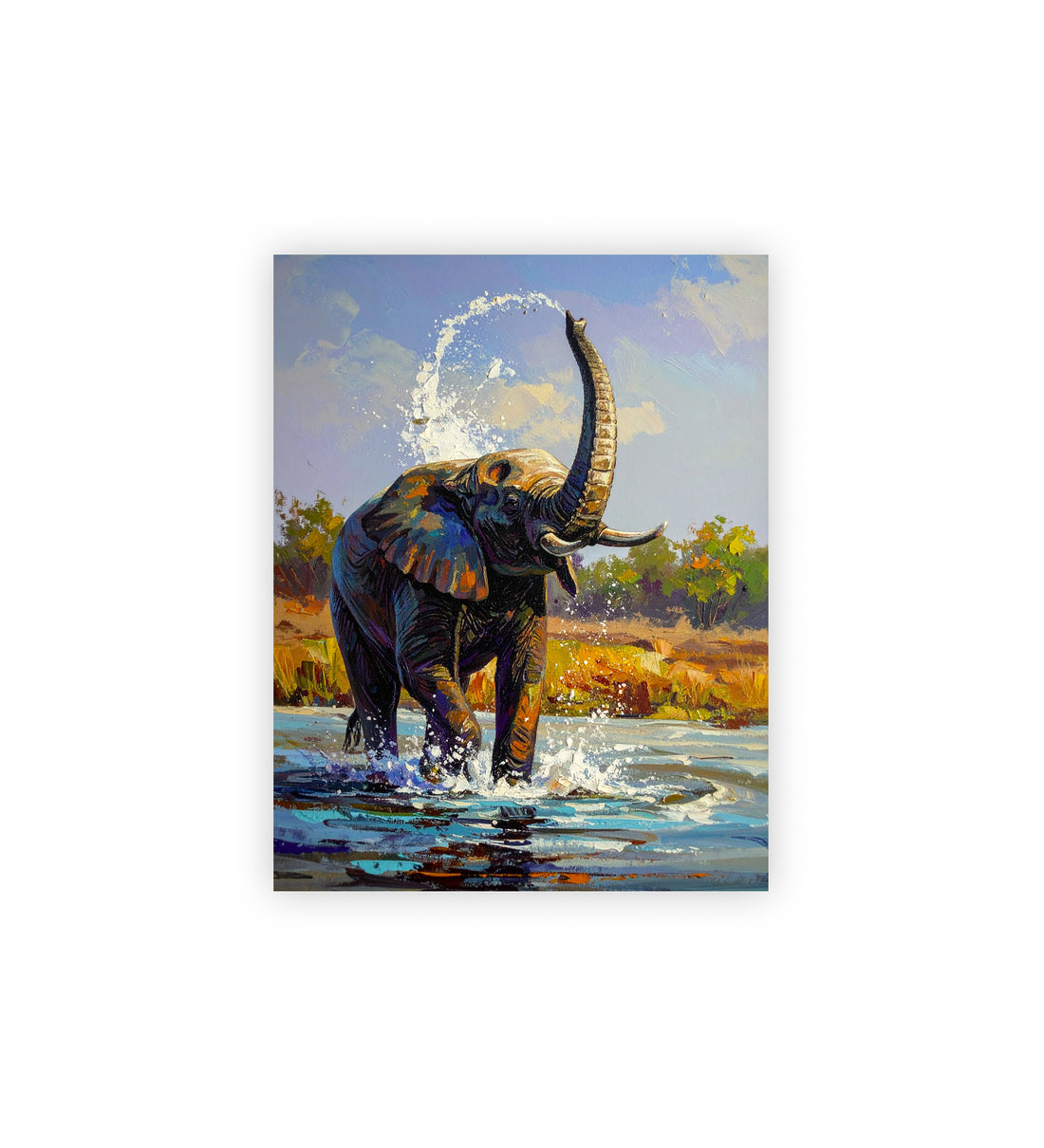 Painting of an elephant in a natural setting with water and sky.
