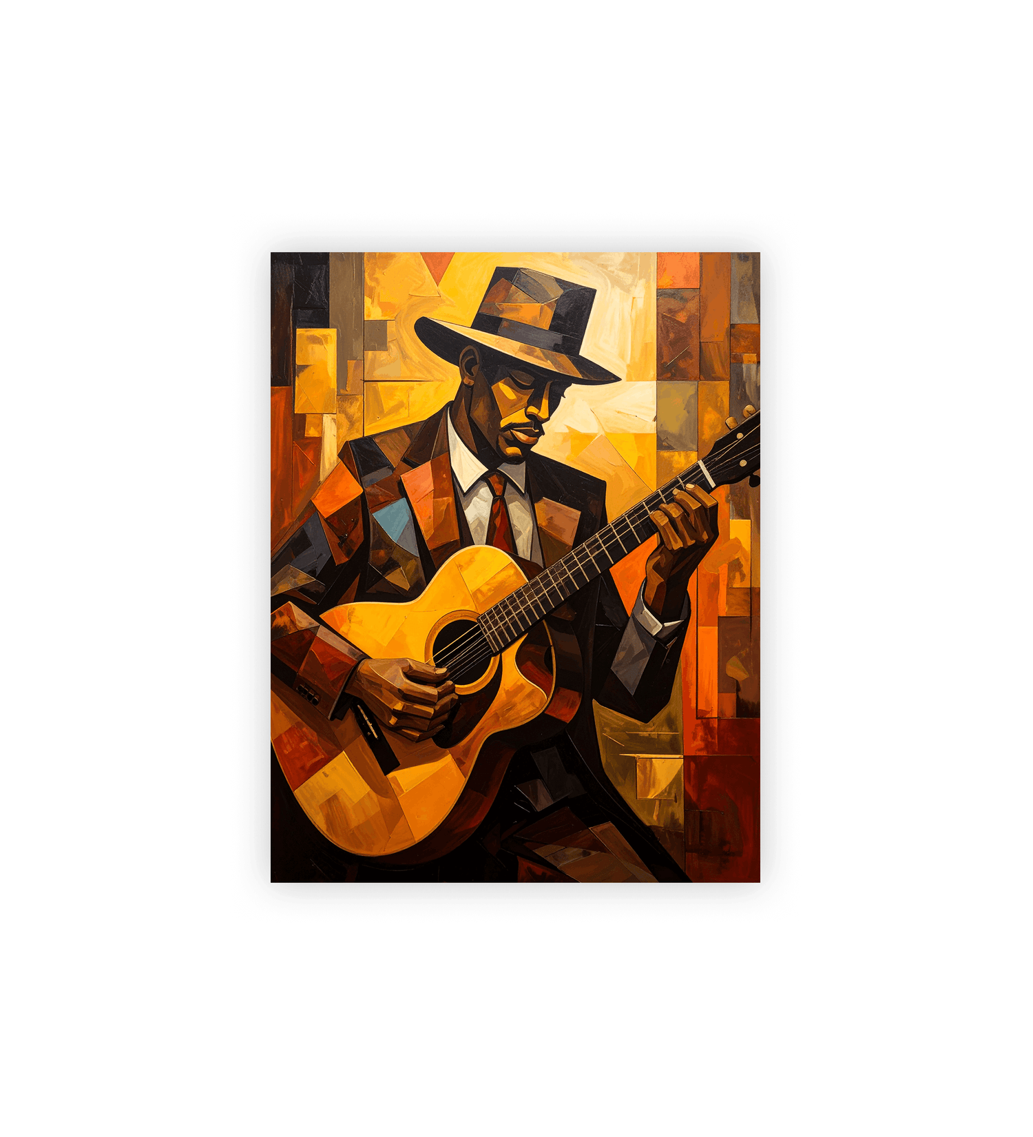 Artistic depiction of a man playing guitar with a stylized, abstract background