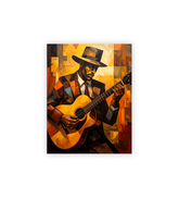 Artistic depiction of a man playing guitar with a stylized, abstract background