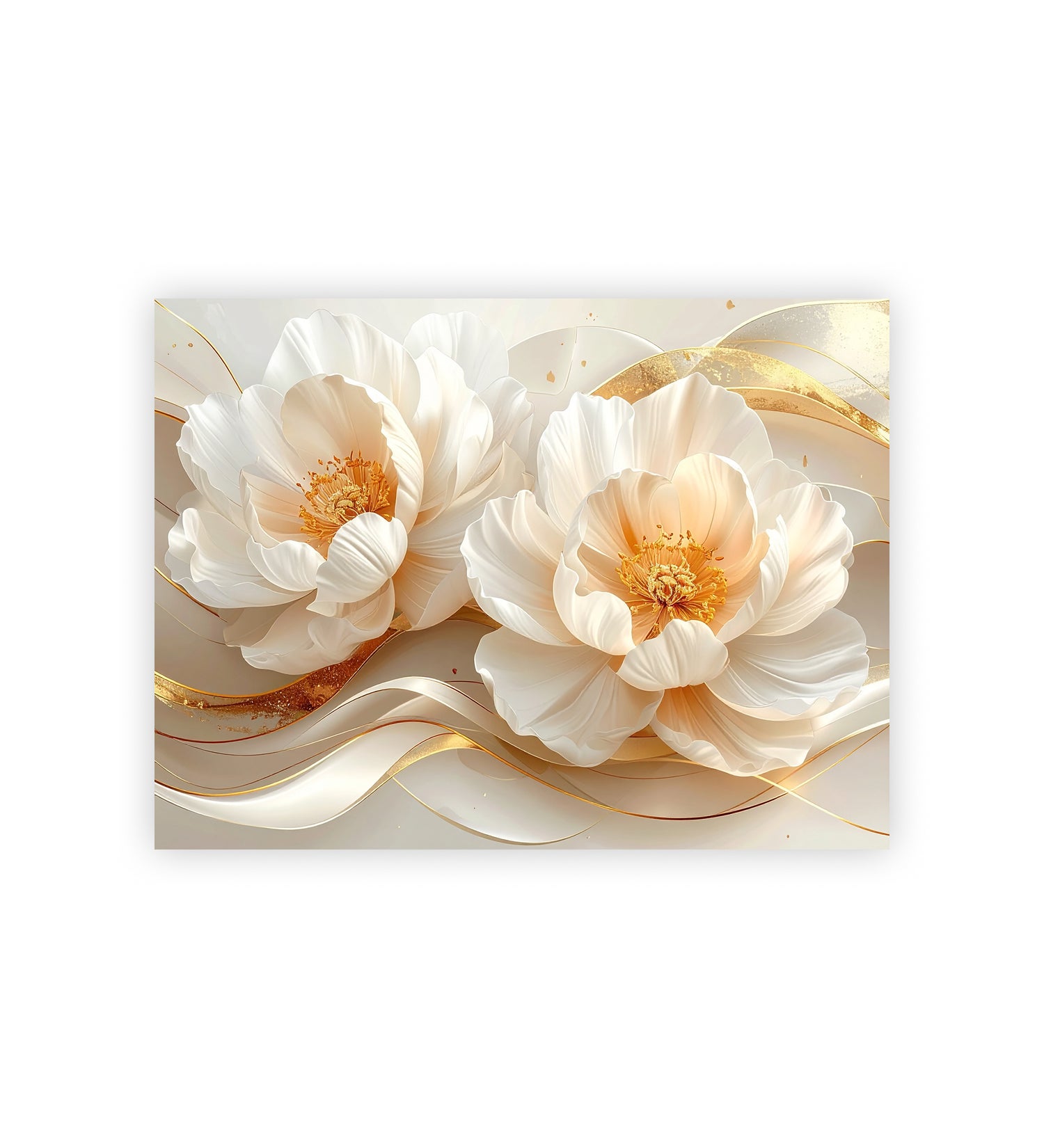 Two white flowers with gold accents on a decorative plate