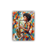 Colorful painting of a woman playing a saxophone on a white background