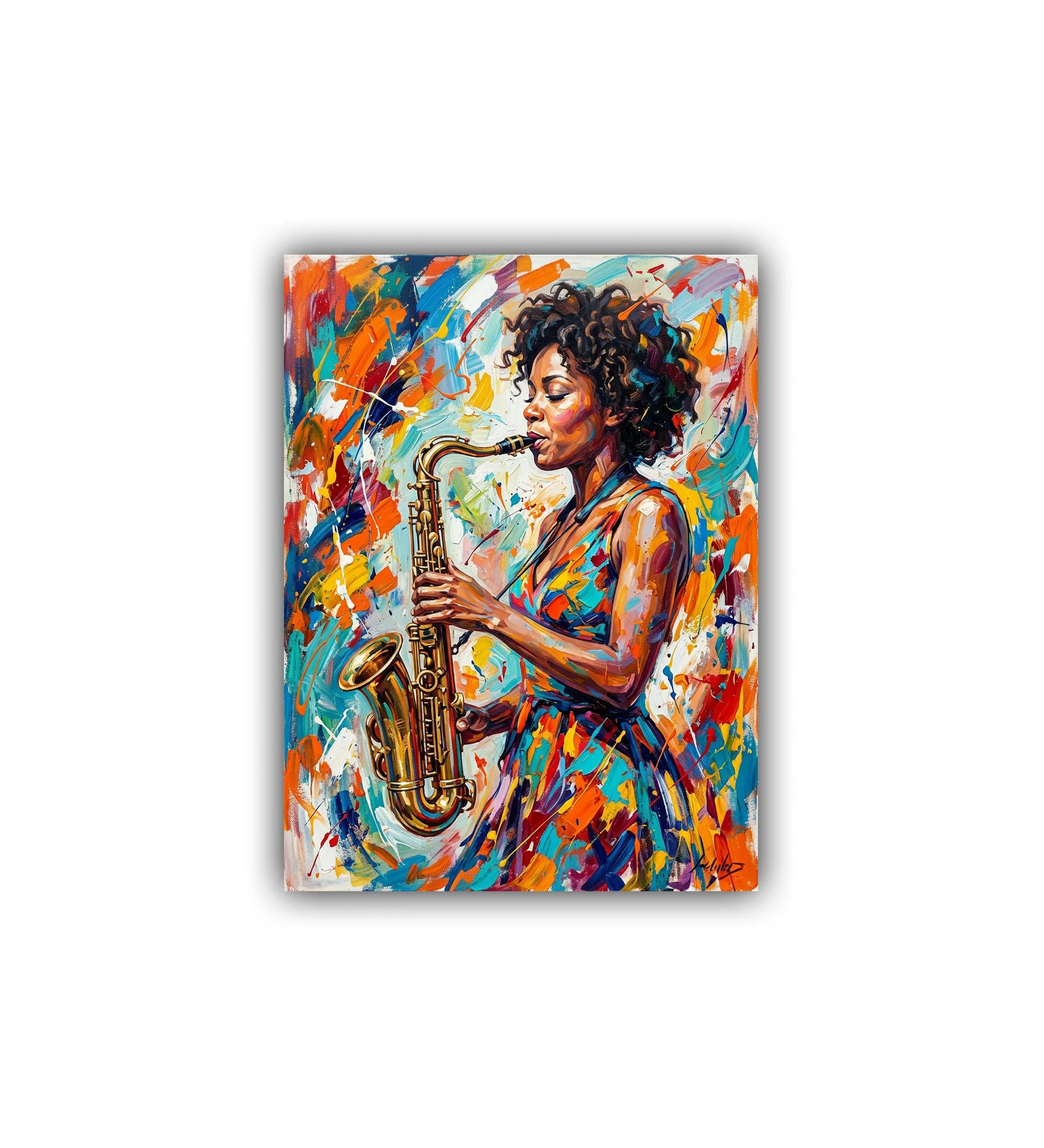 Colorful painting of a woman playing a saxophone on a white background