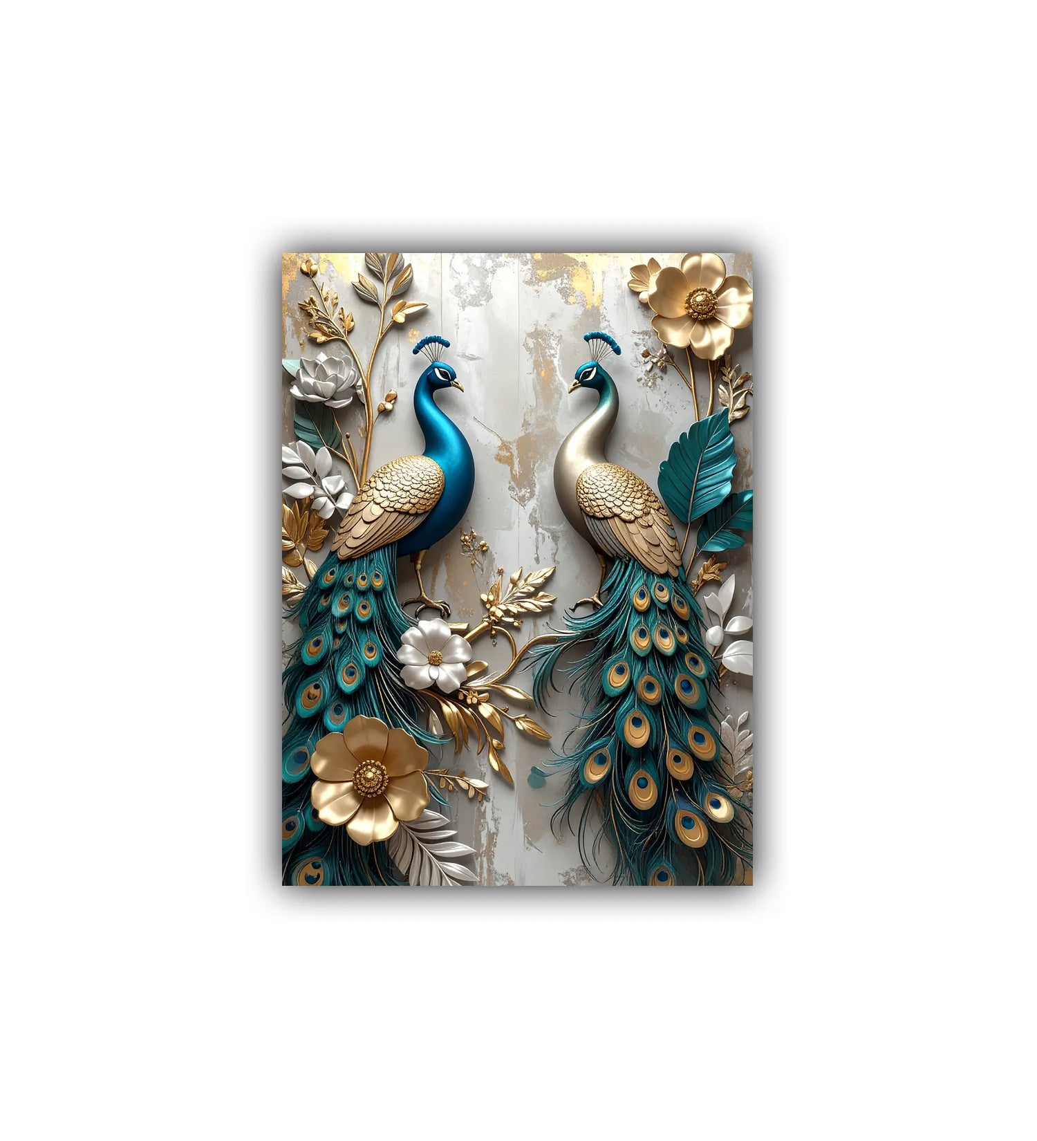 Decorative panel with two peacocks and floral elements on a white background