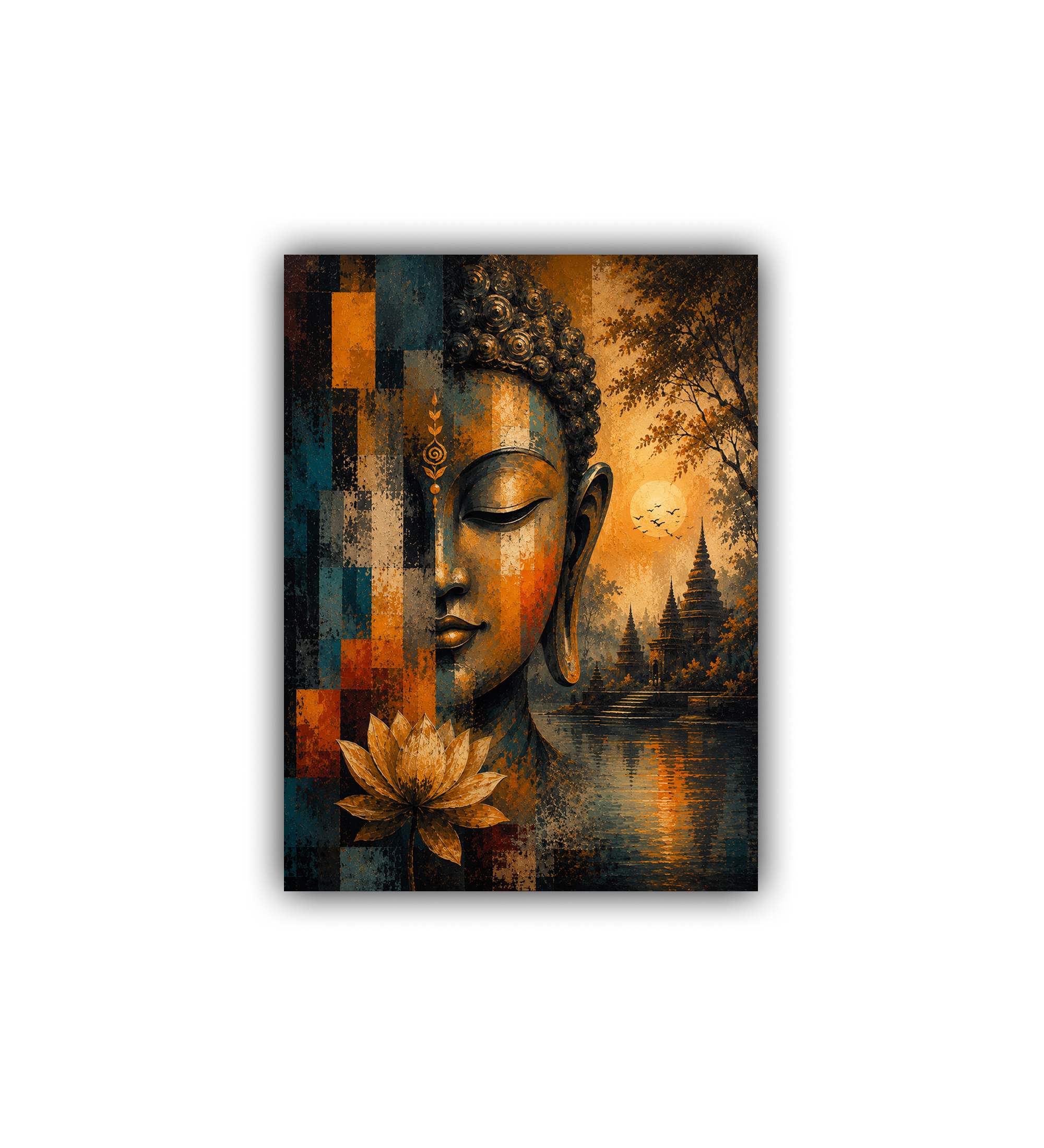Abstract painting of a Buddha face with a lotus flower and landscape