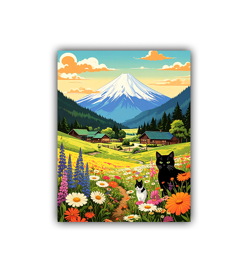 Mountain Village Cats Landscape Art