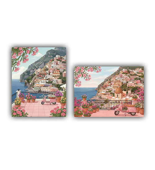 Coastal village landscape canvas wall art set of two
