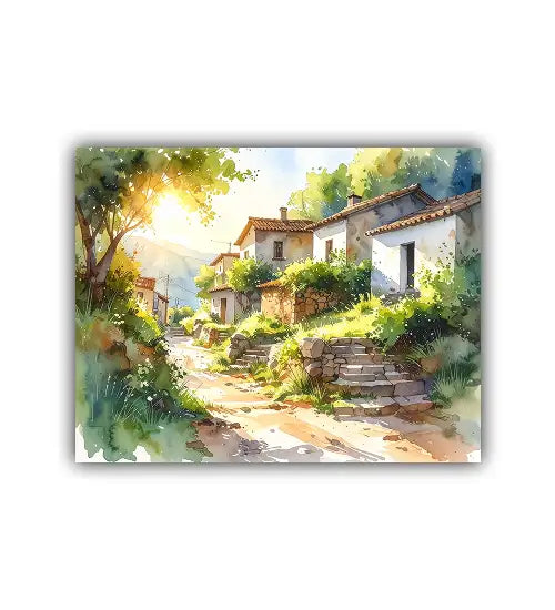 Sunlit Countryside Village Watercolor Painting – Wall Art Canvas