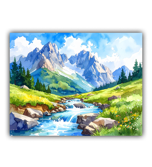 Flowing Mountain Stream Canvas - Alpine Watercolor Wall Decor