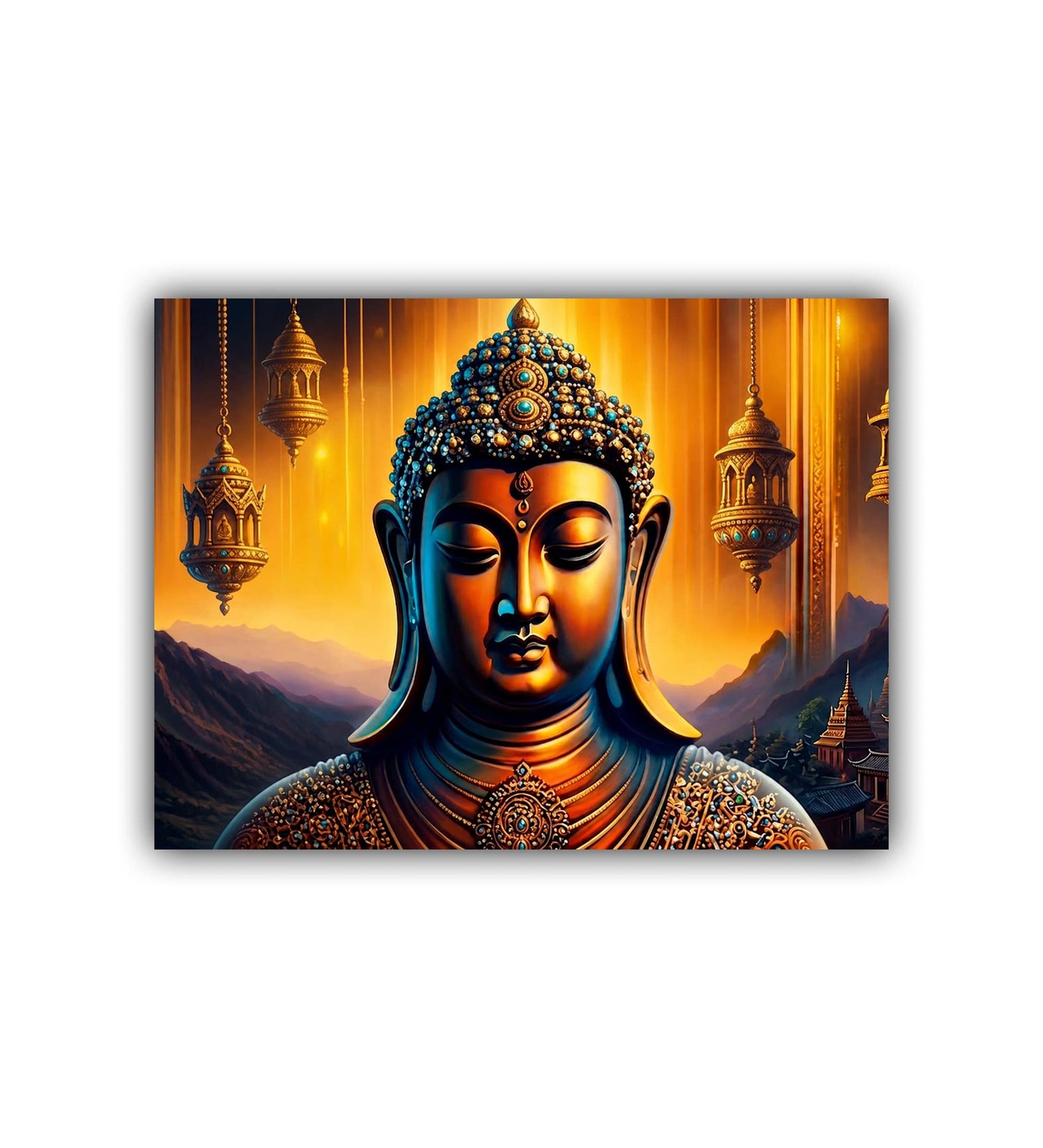 Decorative panel with a stylized depiction of Buddha against an orange and blue background