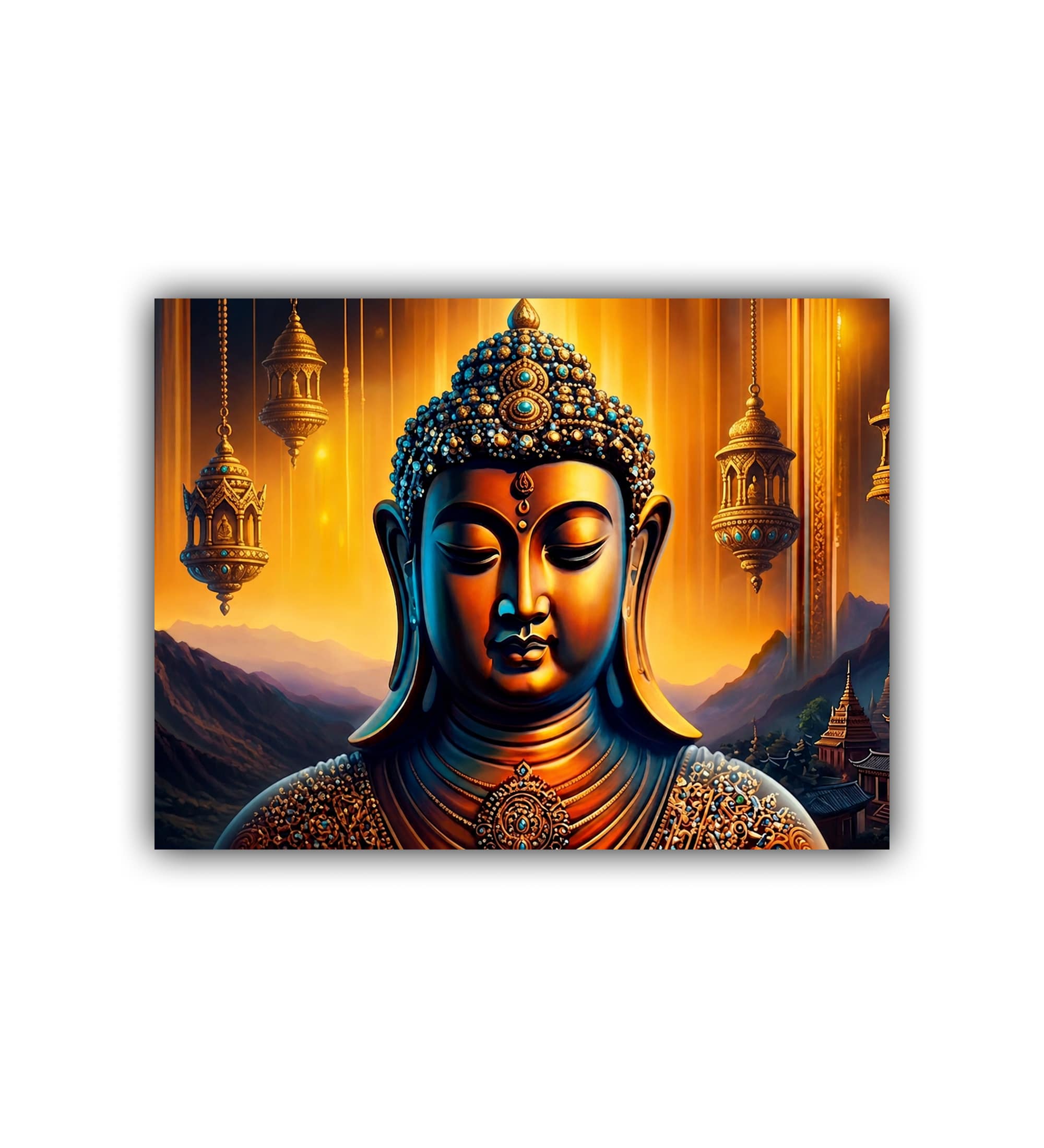 Decorative panel with a stylized depiction of Buddha against an orange and blue background
