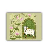 Decorative card with a cow and floral design on a light green background