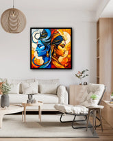 Abstract Shiva Parvati wall art with vibrant blue and orange tones for modern living room decor

