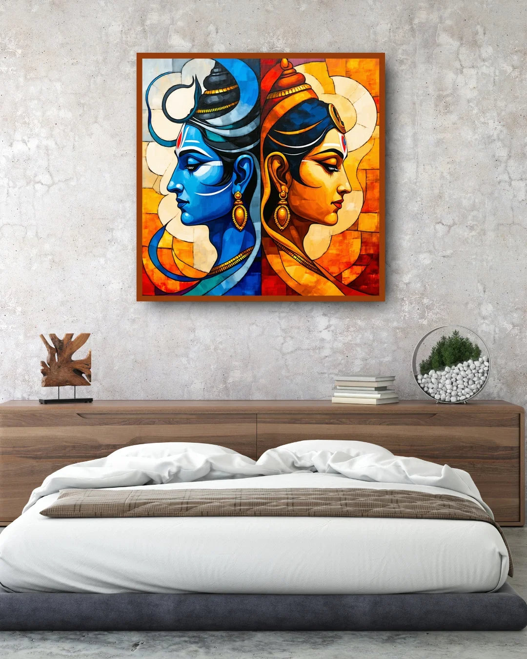 Spiritual Shiva Parvati abstract wall painting for peaceful bedroom decor
