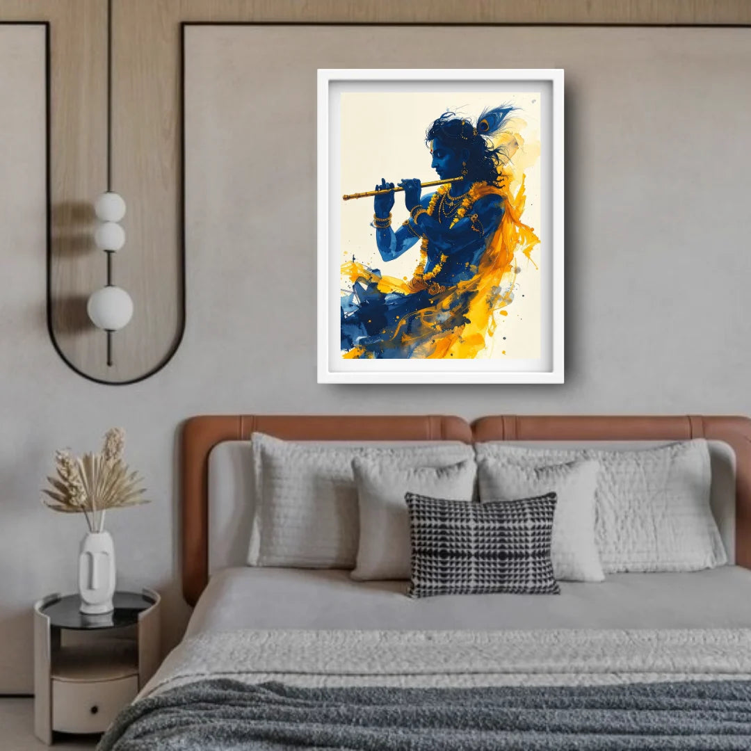 Peaceful abstract flute player wall painting for bedroom decor
