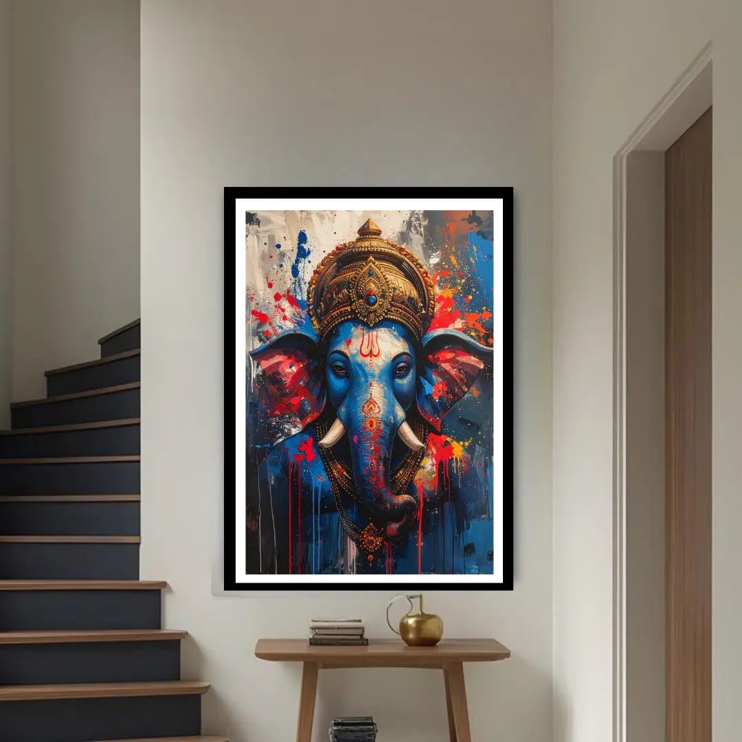 Divine elephant wall art canvas above wooden cabinet