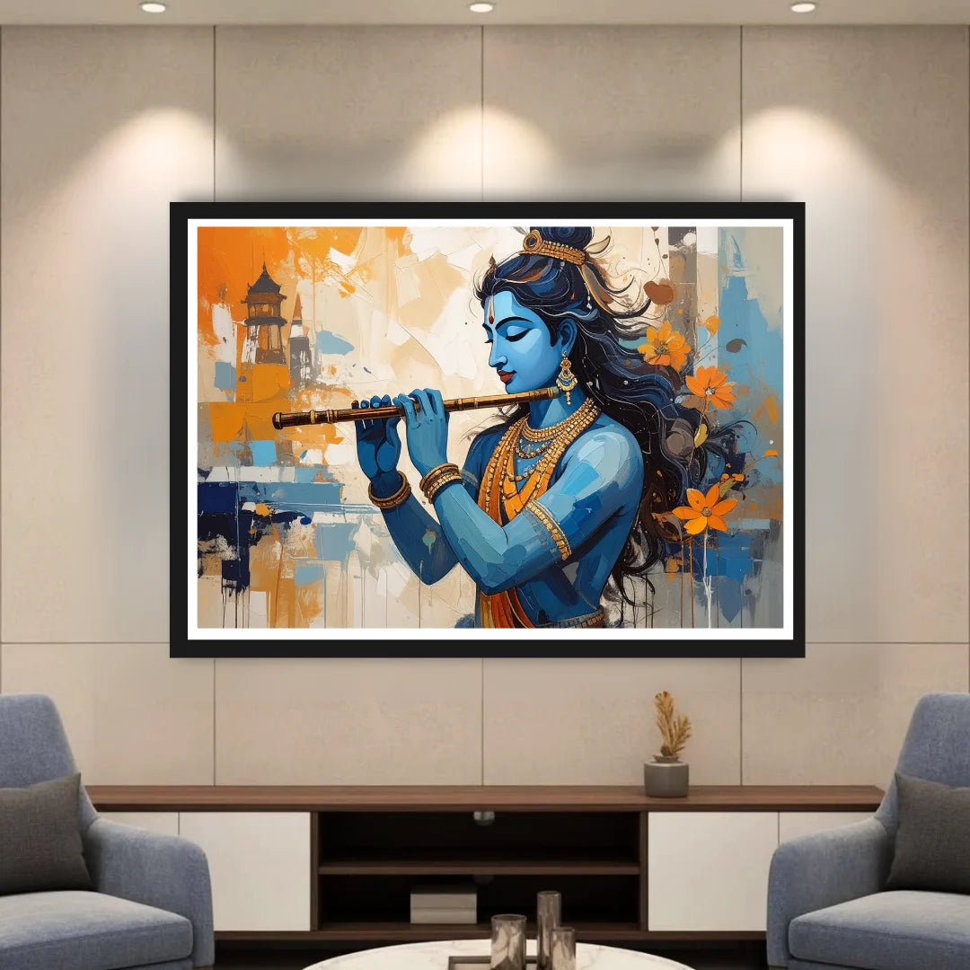 Divine flute player modern framed wall decor
