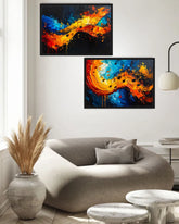 Living room with abstract paintings on the wall, a gray sofa, and decorative elements.