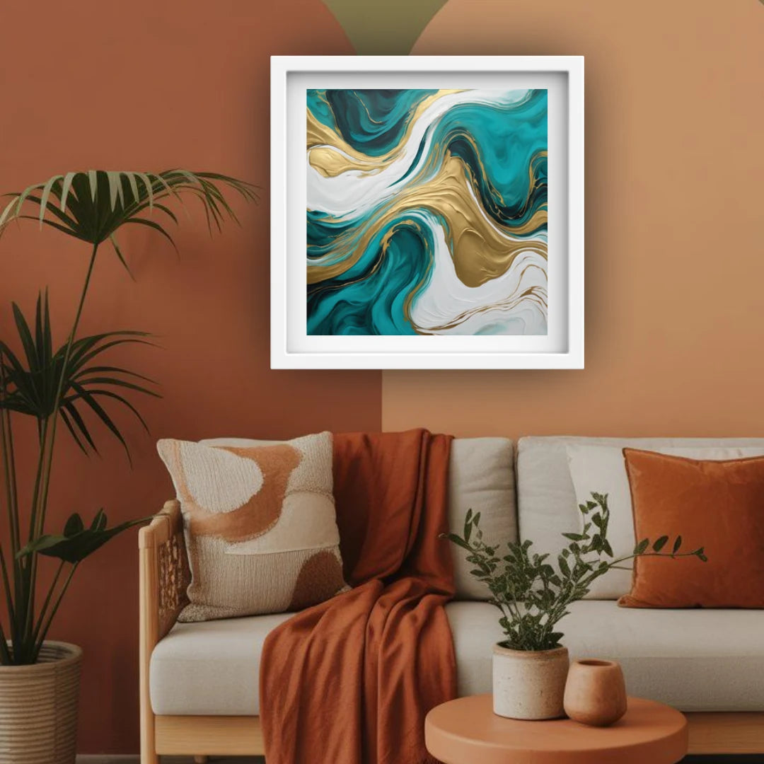 Elegant teal and gold abstract painting hanging above a warm-toned modern living space.