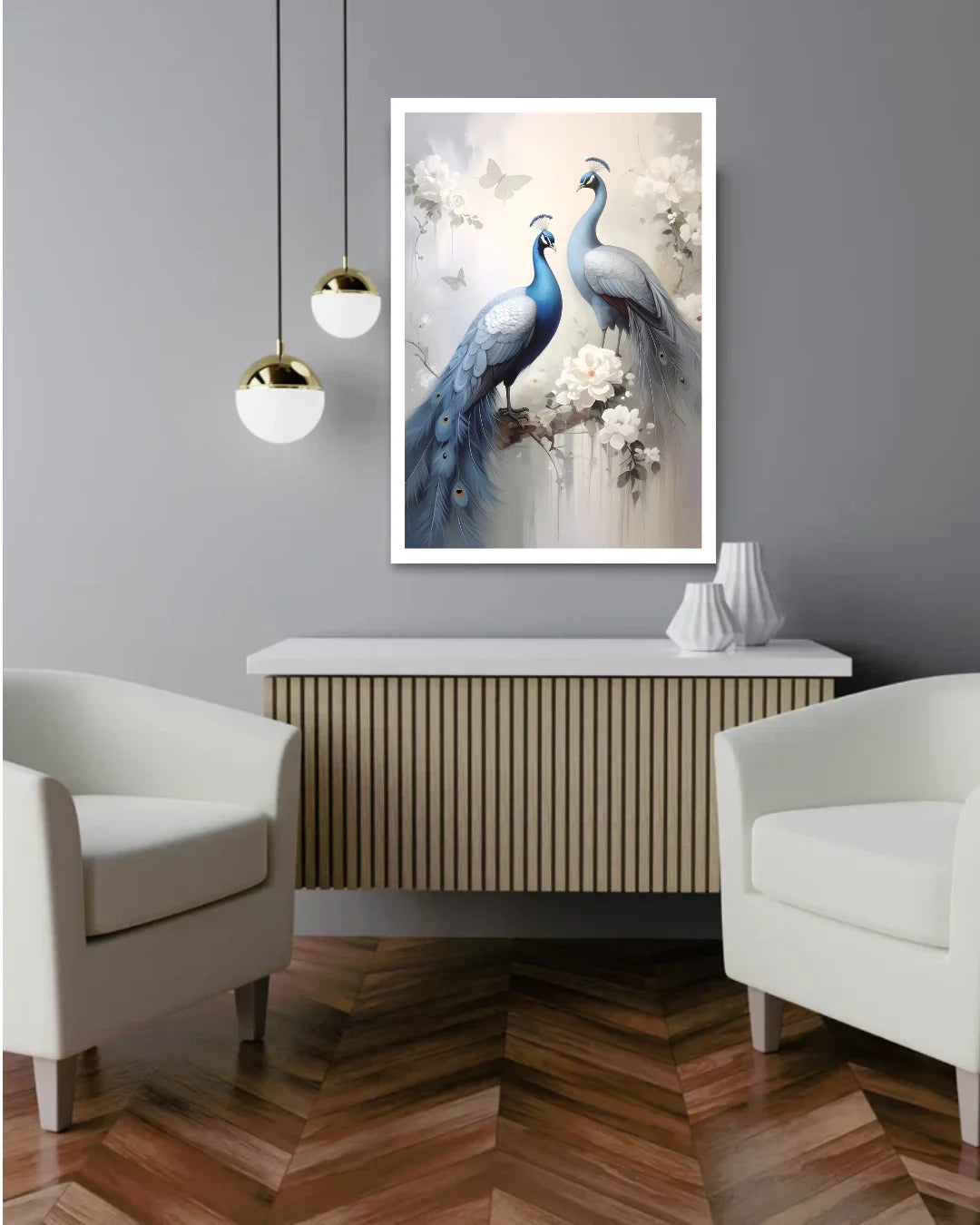 Blue Peacock Canvas Wall Art Displayed in Modern Bedroom Interior