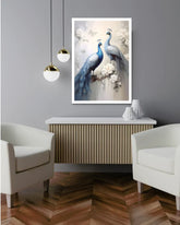 Blue Peacock Canvas Wall Art Displayed in Modern Bedroom Interior