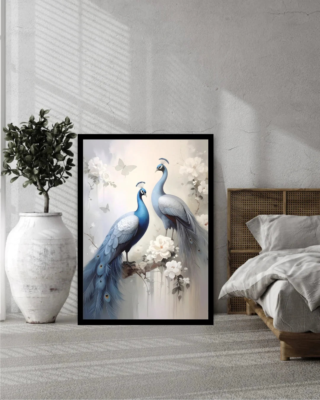 Framed Blue Peacock Canvas Painting Leaning Against Wall in Bedroom