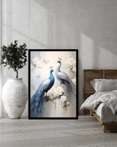 Framed Blue Peacock Canvas Painting Leaning Against Wall in Bedroom