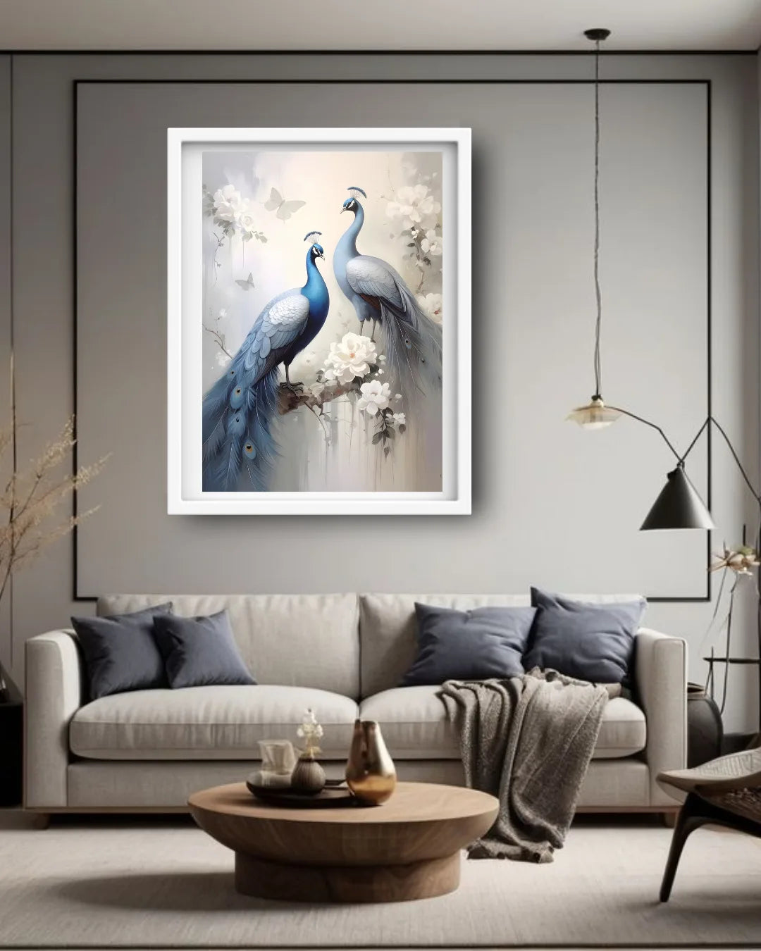 Elegant Peacock Canvas Wall Art Above Sofa in Contemporary Living Room