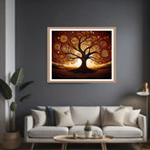 Framed artwork of a tree with a dark background in a living room setting.