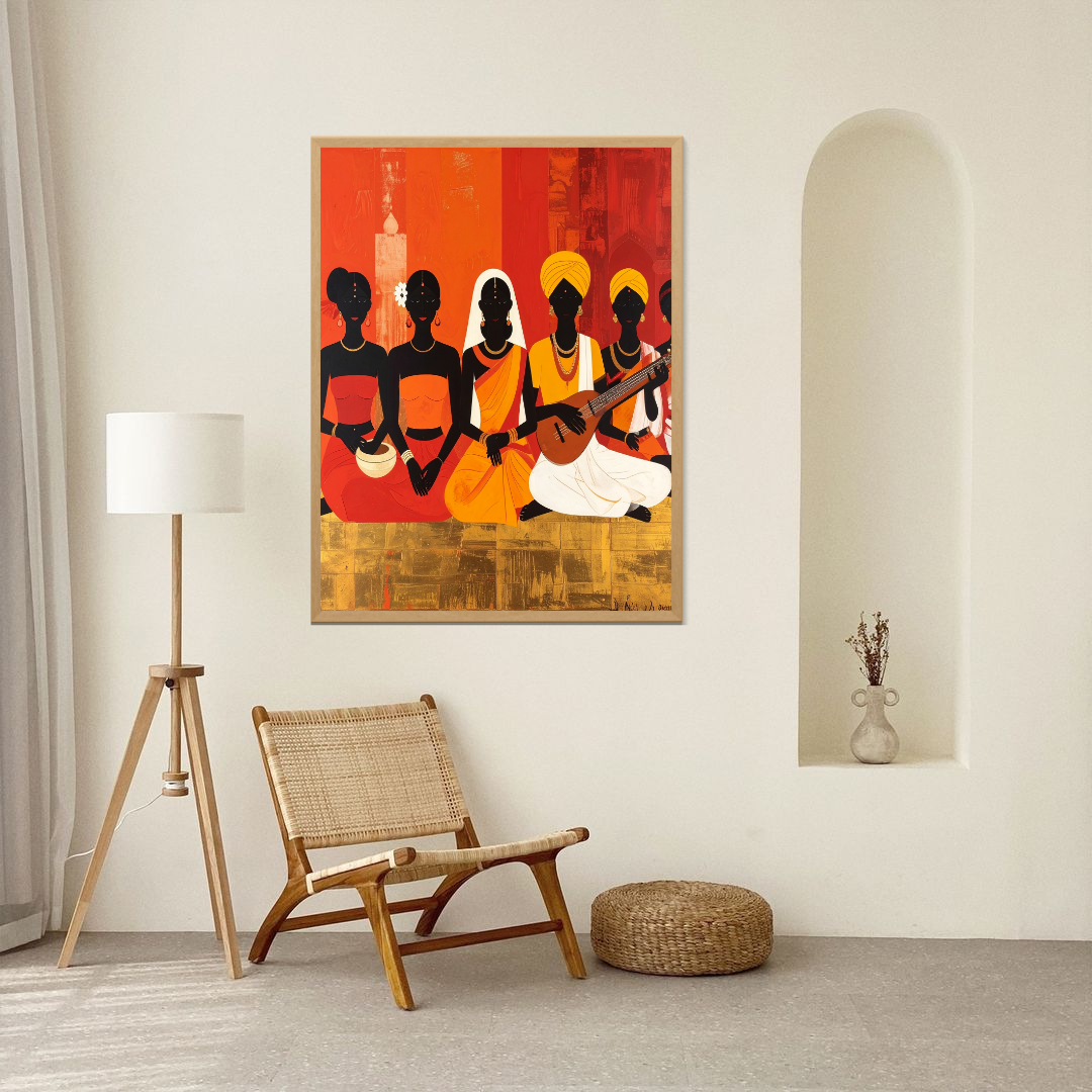 Tribal folk art group wall painting in modern living room decor
