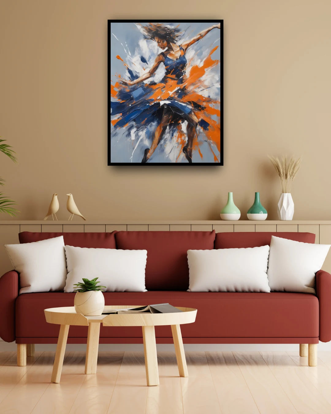 Modern abstract wall art painting displayed above sofa in living room
