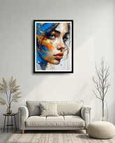 Abstract woman portrait wall painting in modern minimalist home interior
