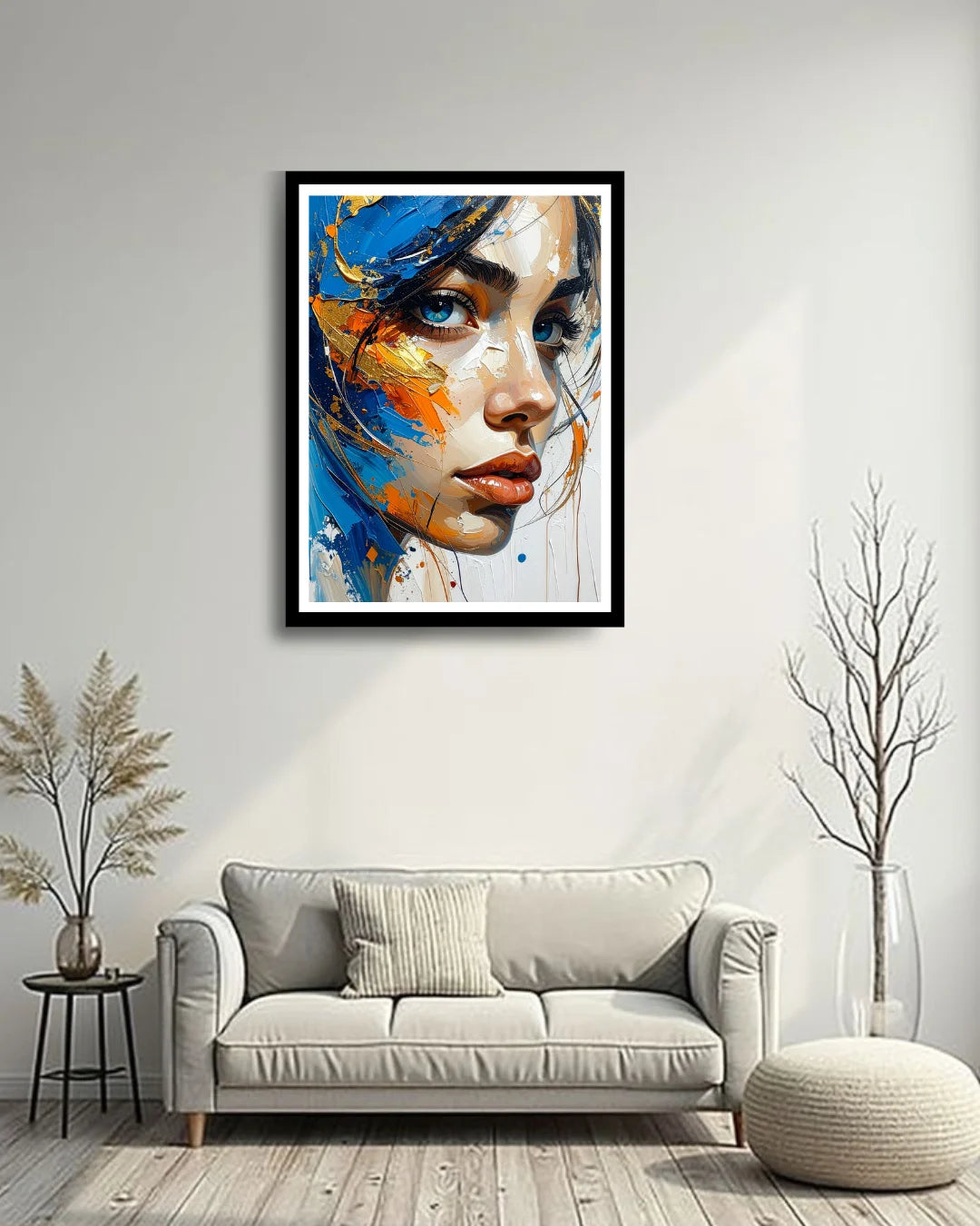 Abstract woman portrait wall painting in modern minimalist home interior
