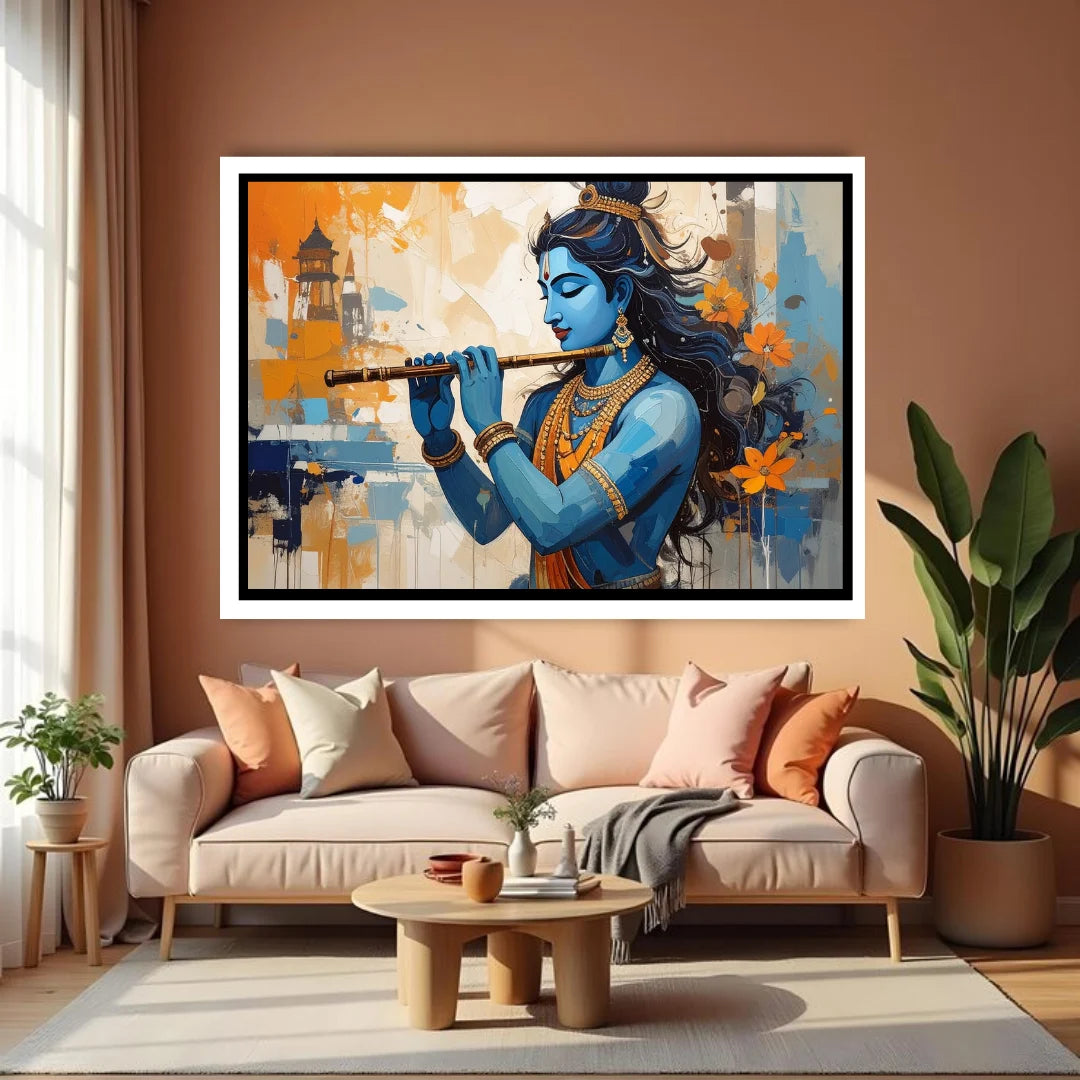 Flute player wall art canvas above sofa