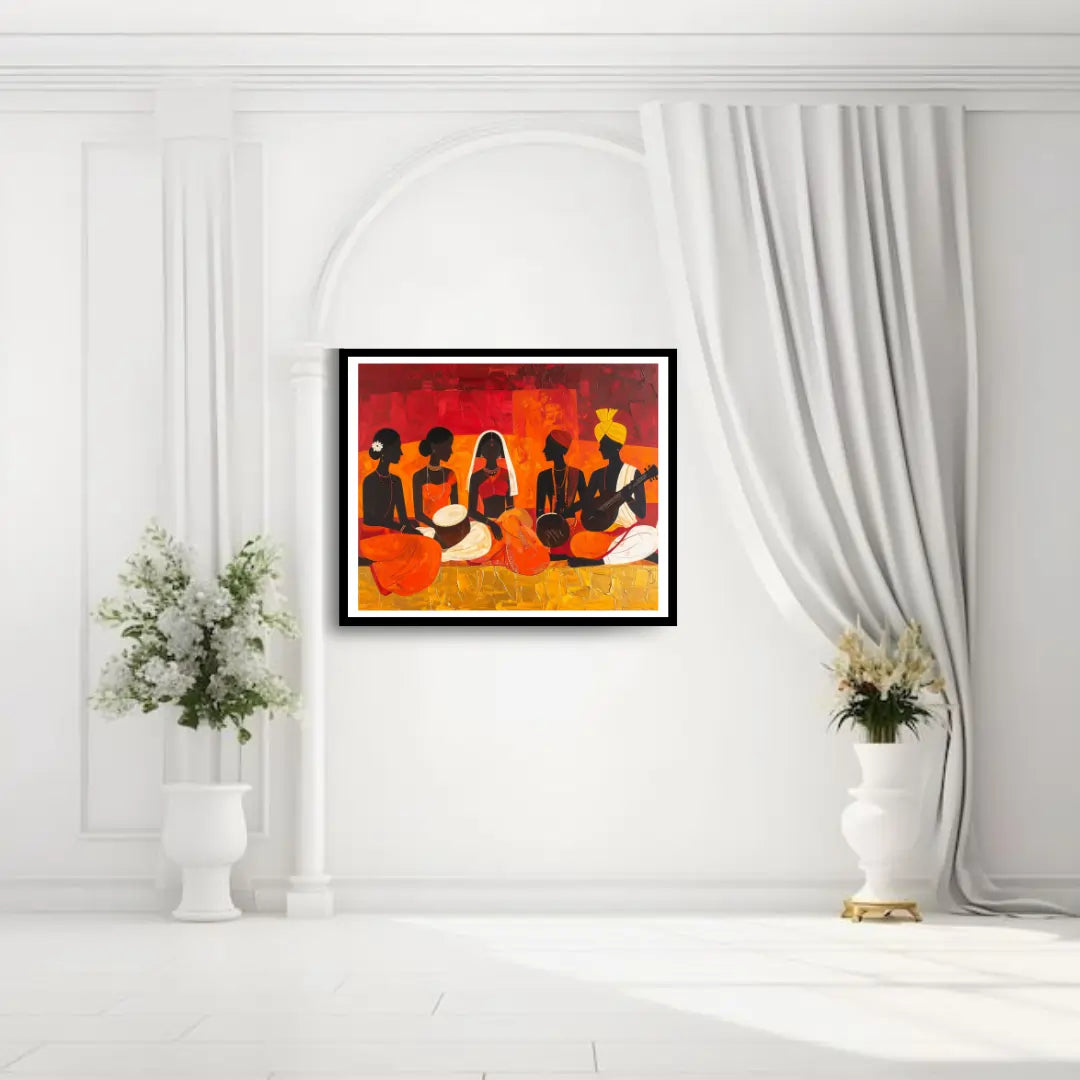 Tribal folk art group wall painting in elegant living room decor
