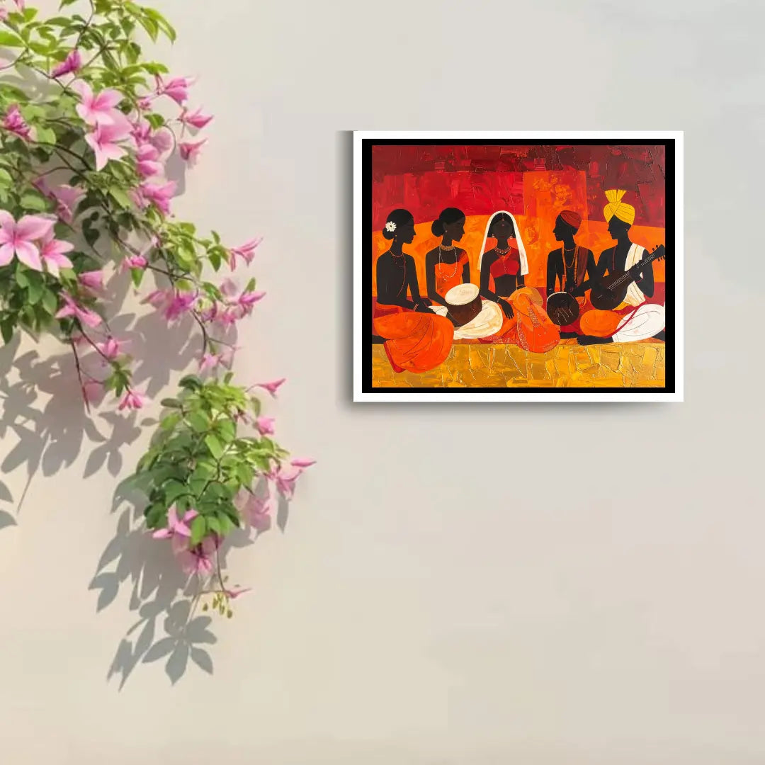 Ethnic tribal group wall art painting with traditional figures
