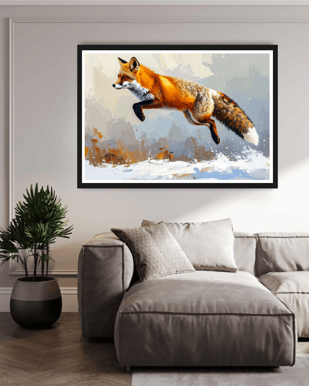 Framed artwork of a fox in mid-jump on a wall above a sofa.