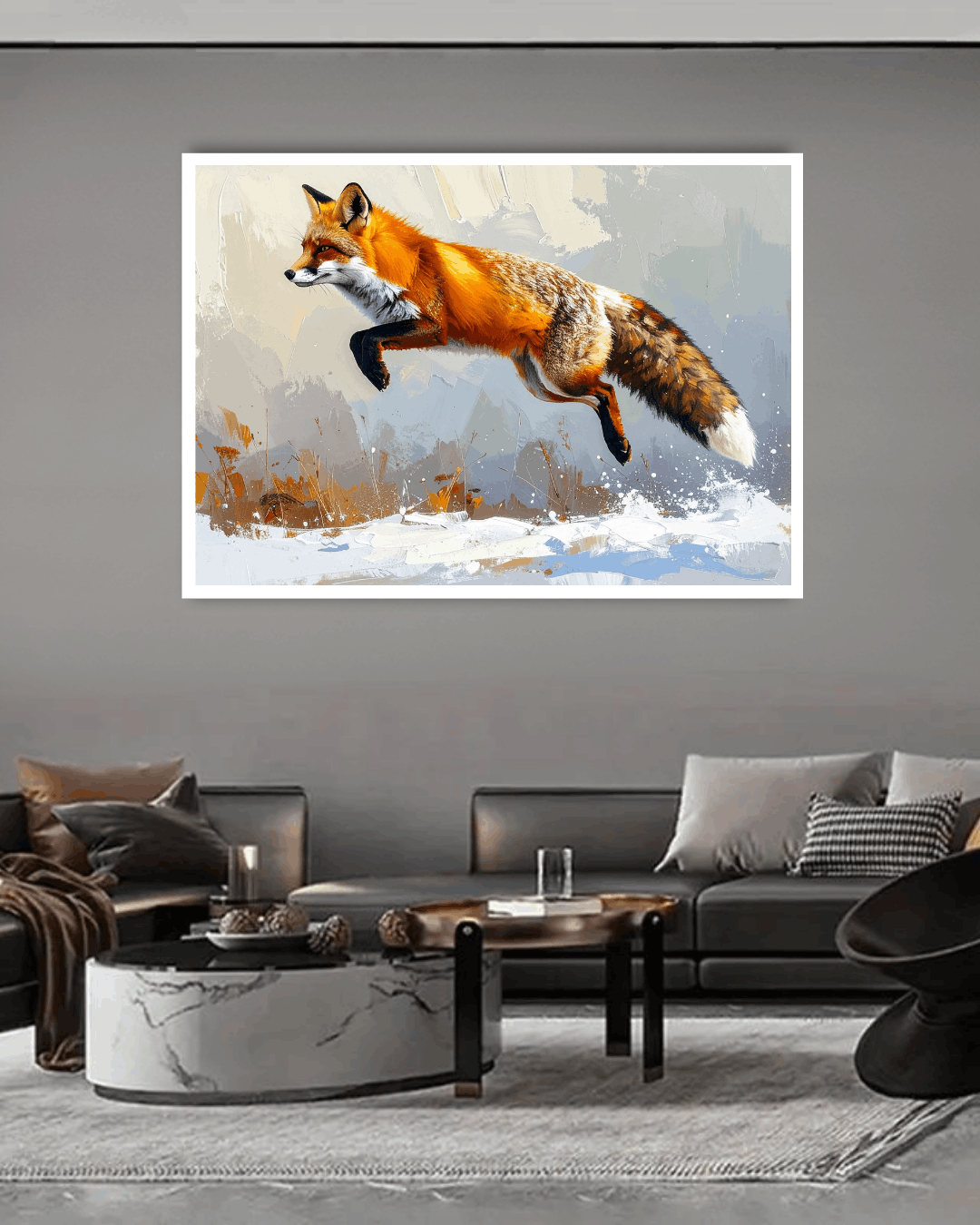 Living room with a painting of a fox on the wall