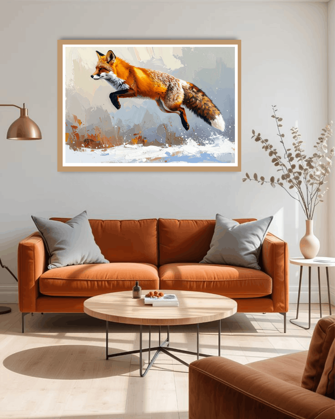 Living room with a brown sofa, coffee table, and framed artwork of a fox on the wall.