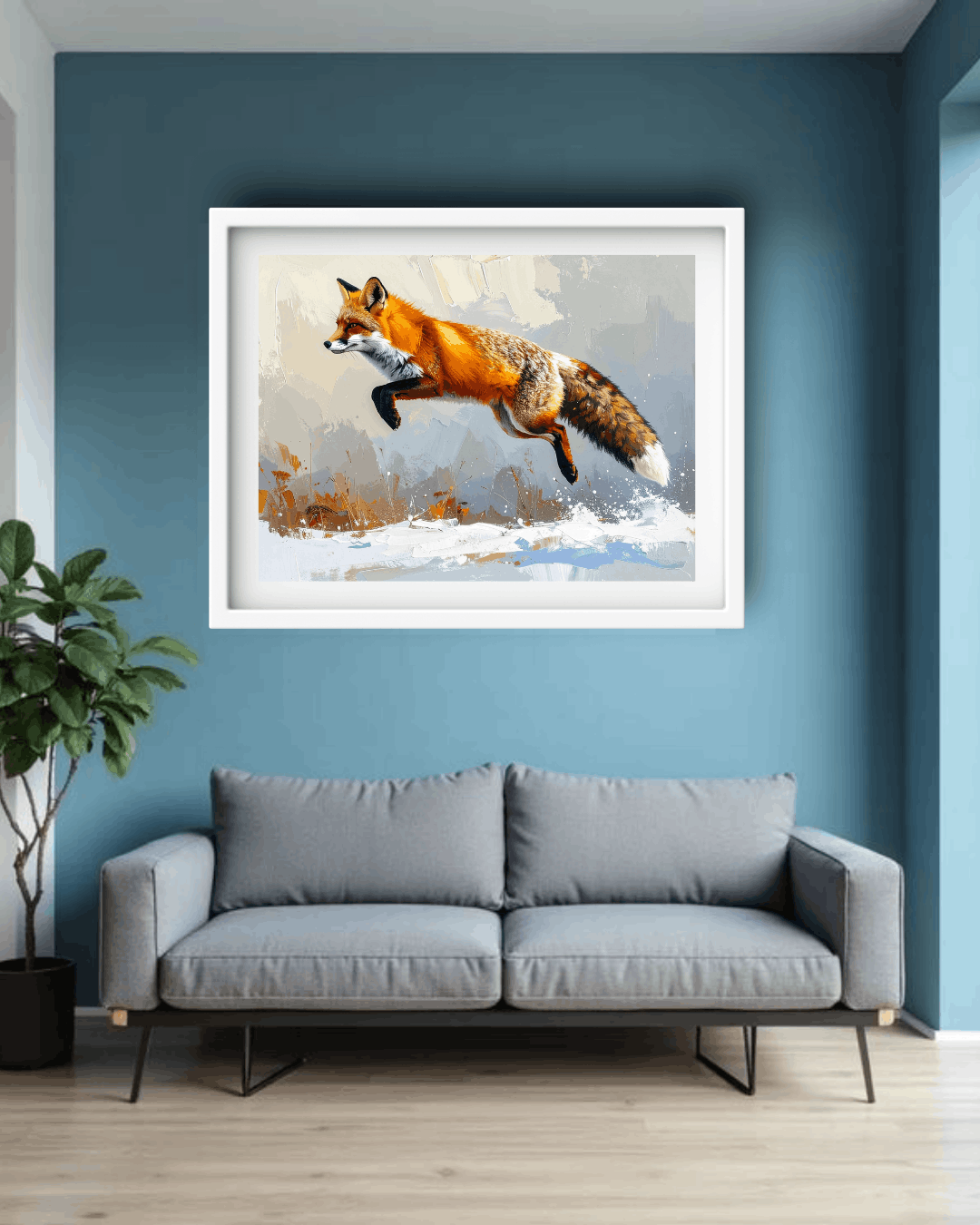 Framed artwork of a fox on a blue wall above a gray sofa.