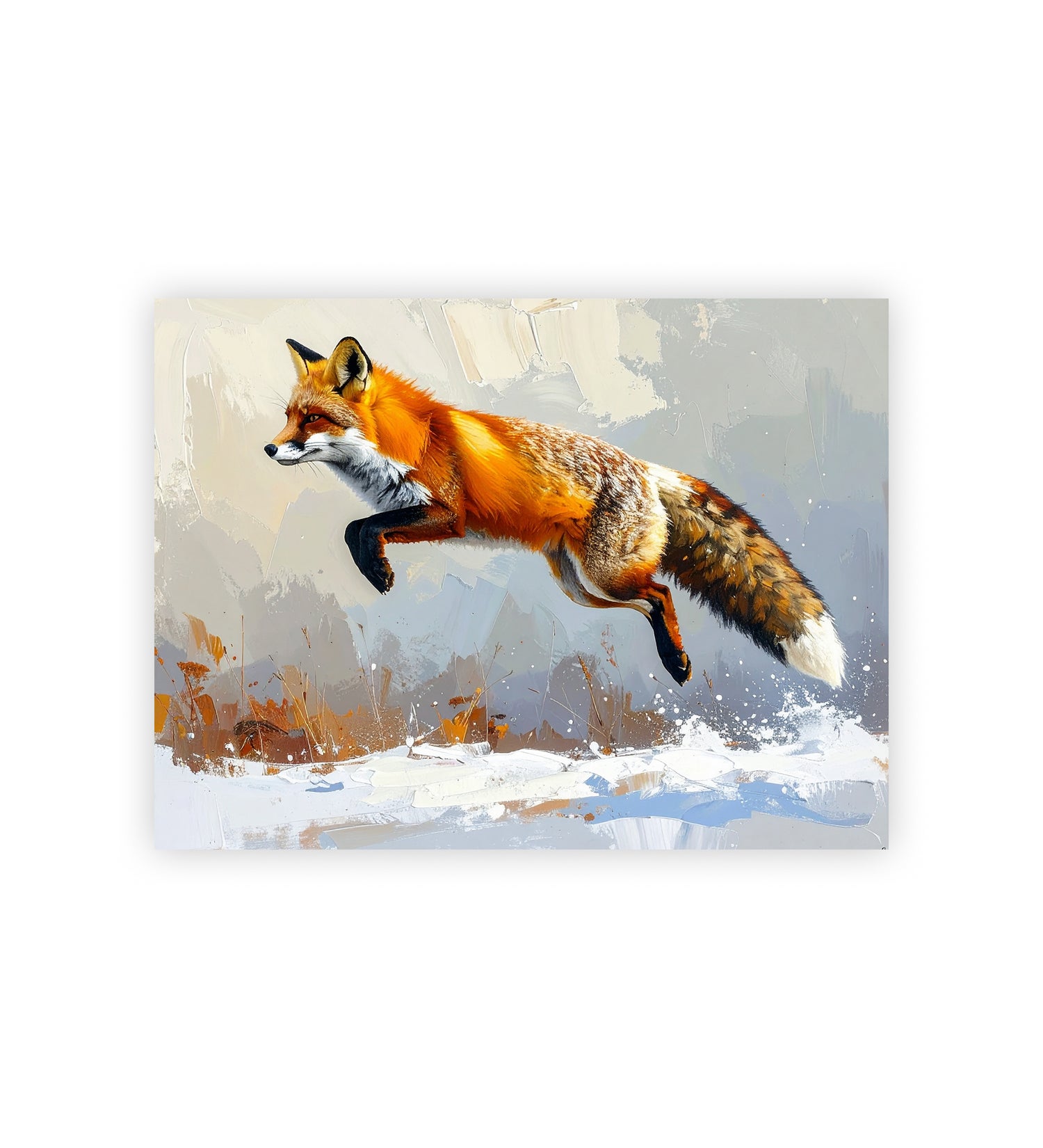 Painting of a fox leaping through the air with a snowy landscape in the background.