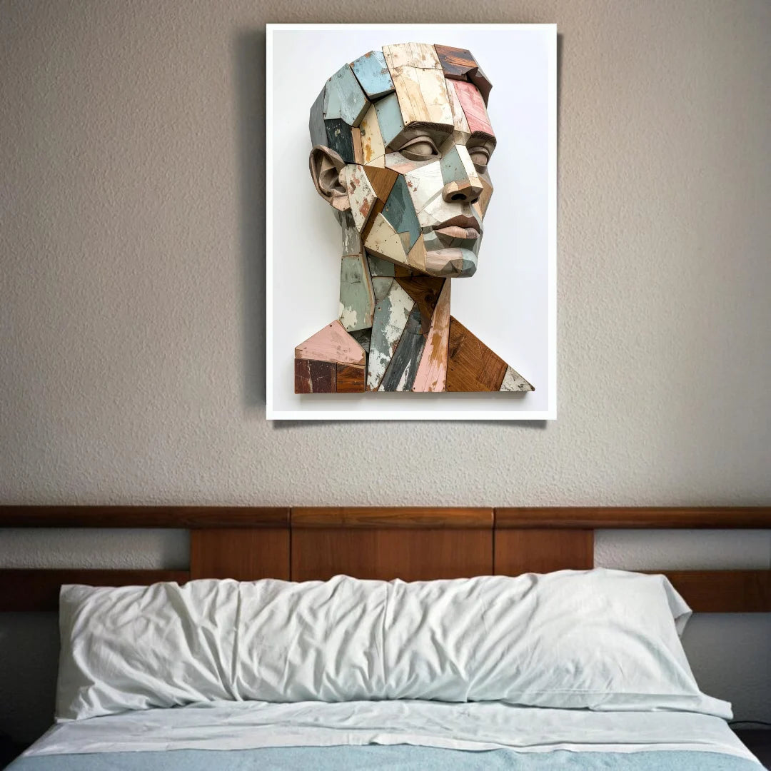 Contemporary figurative portrait painting with geometric face displayed above bed
