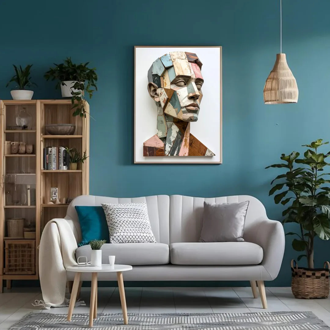 Modern abstract face wall art in stylish living room interior decor
