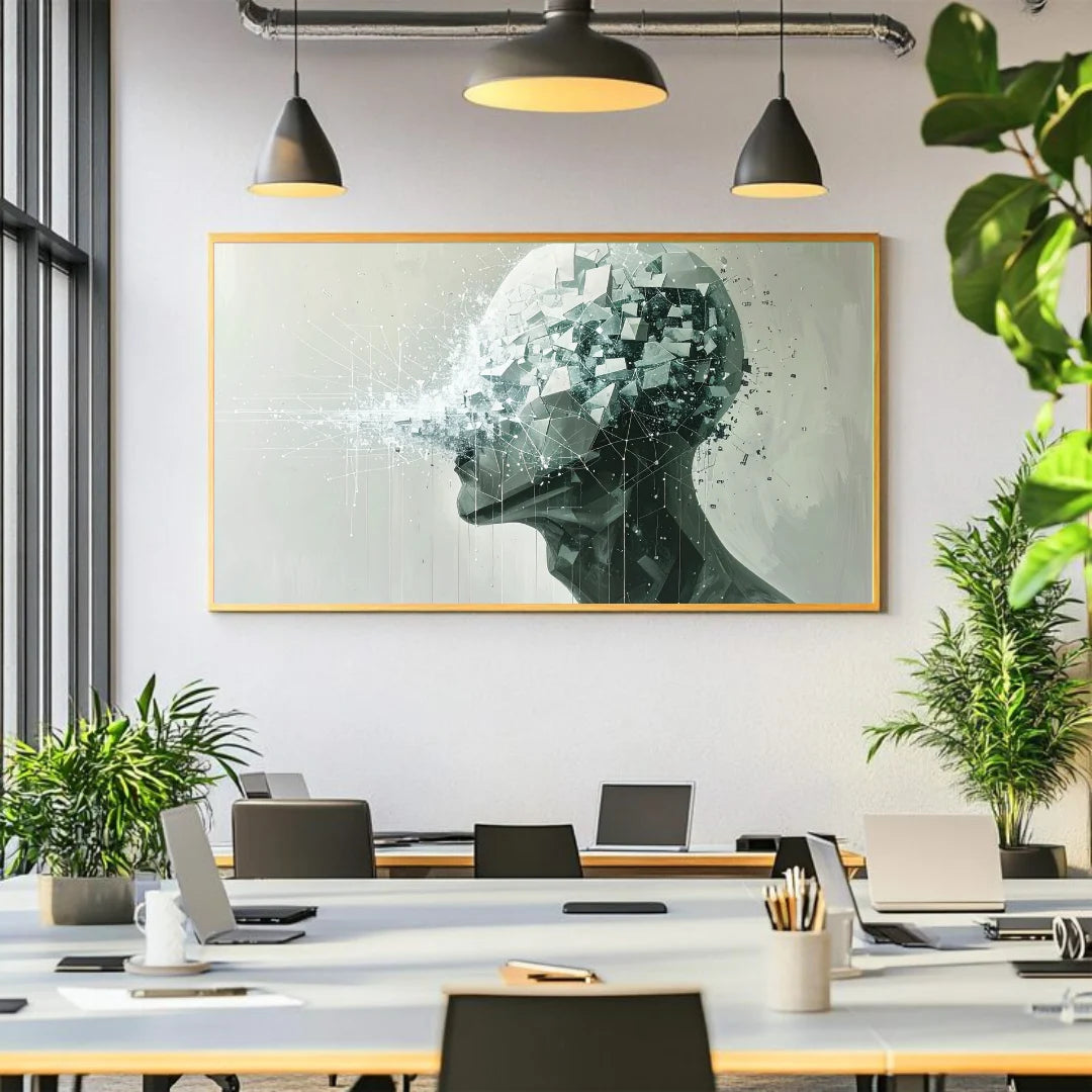 Figurative face wall art canvas painting in modern office interior
