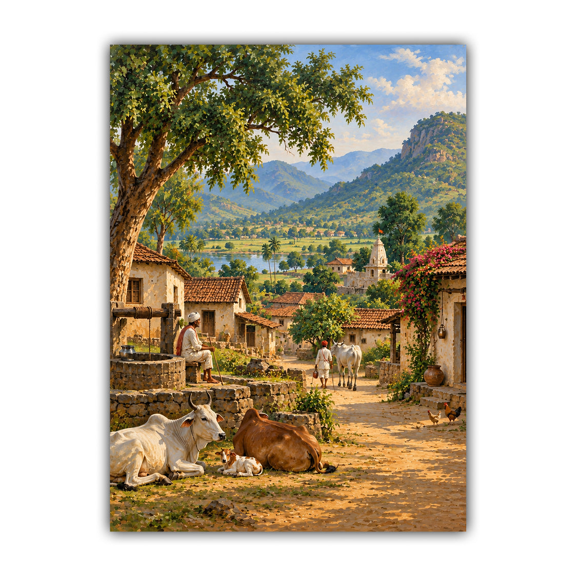 Serene Indian Village Landscape - Wall Art Canvass