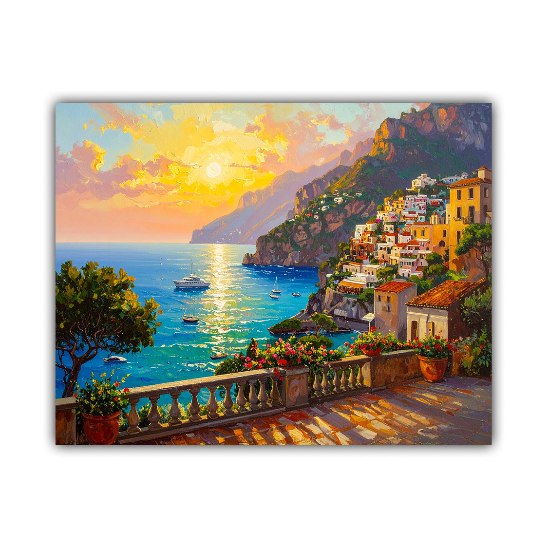 Mediterranean Coastal Sunset Landscape Wall Art Painting WallArtVibes