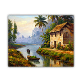 Peaceful Indian Riverside Village Landscape Wall Art Painting WallArtVibes