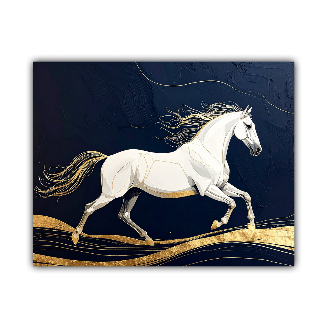 Majestic White Horse Navy &amp; Gold Wall Art Painting WallArtVibes