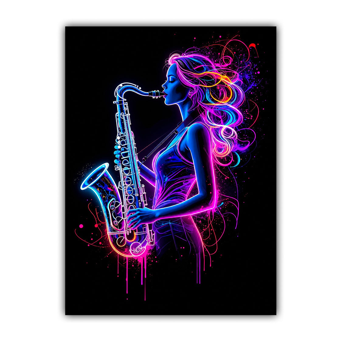 Neon Saxophone Girl Jazz Music Wall Art Painting WallArtVibes